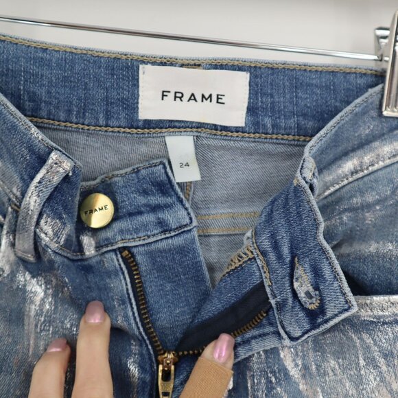 Frame Metalic Skinny Jeans Womens 24 Blue Festival Mod Futuristic Classic NWOT - Picture 9 of 11